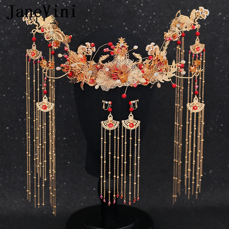 JaneVini роскошный китайский свадебный головной убор костюм старинный с золотыми