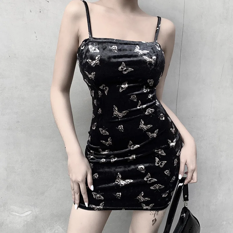 

Sexy Butterfly Print Lace Up Strap Dress New 2021 Spring Women Sleeveless Side Split Mini Dress Fashion Party Streetwear