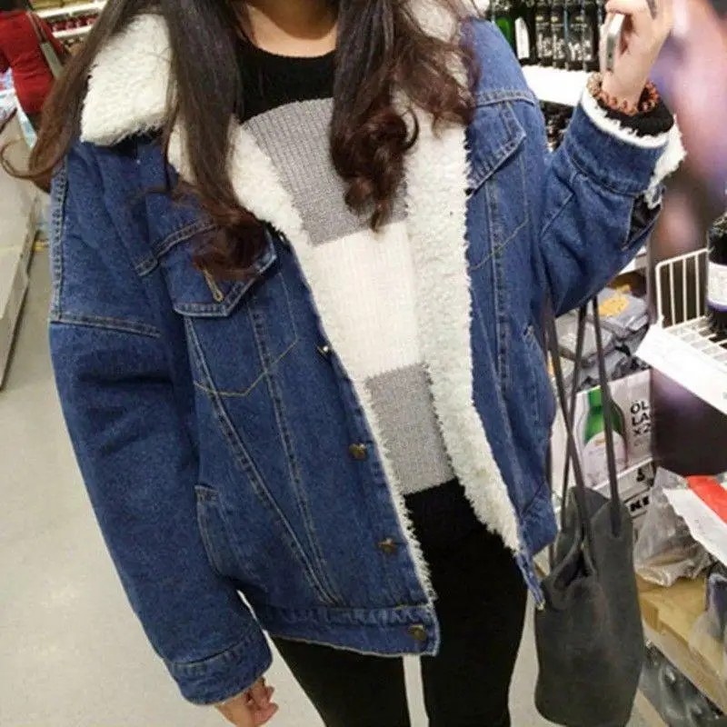 

Women Winter Fur Lined Peacoat Short Denim Coat Thicken Fleece Jean LOOSE Jacket