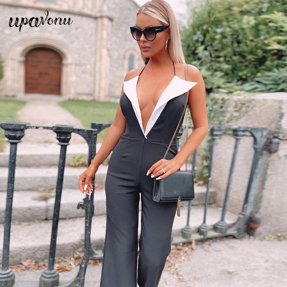 Free Shipping 2022 Sexy Black and White Colorblock Bandage Jumpsuit Women's Halter Sleeveless Skinny Backless Flared Jumpsuit