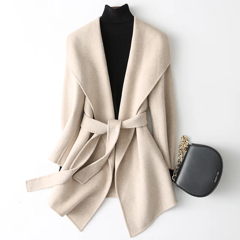 Осенне зимнее шерстяное пальто для женщин длинный пояс двусторонний тонкий