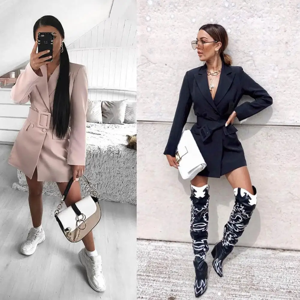 Женское платье трапеция с поясом элегантное офисное блейзер длинным рукавом