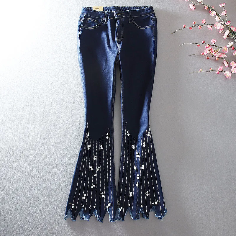 

2021 New Brand Luxury Beading Stretch Slim Fit Flare Pants Women Fashion Rivet High Waist Jeans Female Casual Trousers Blue