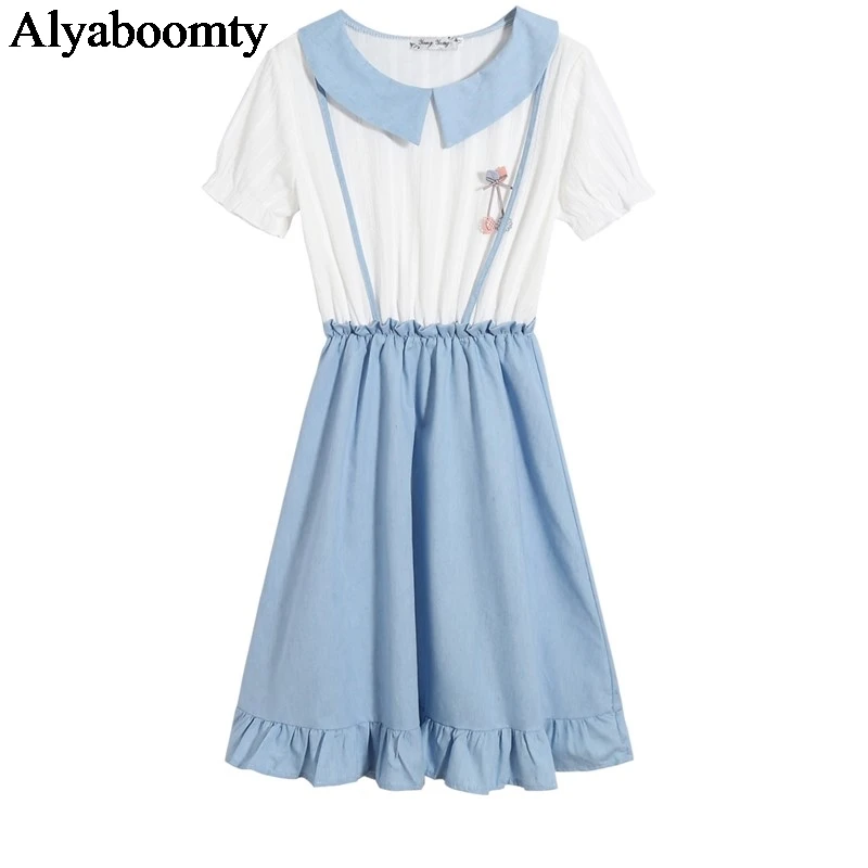 

Preppy Style Summer Women Cute Dress Peter Pan Collar Strap Cotton Girl's Dress Elegant Ruffles Kawaii Student's Dress With Pin