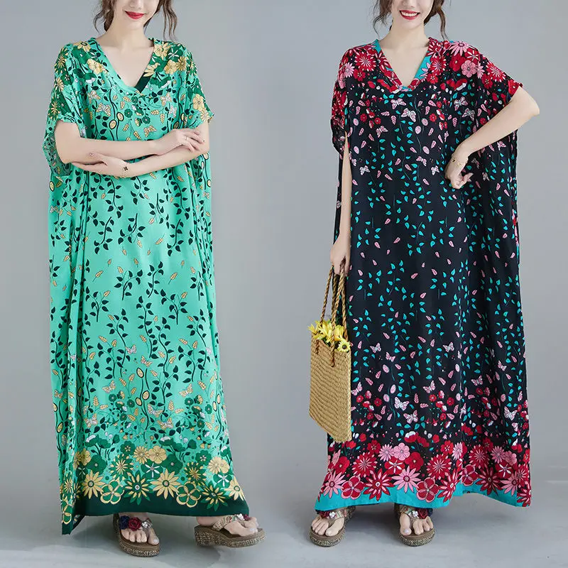 

Женское свободное платье с коротким рукавом, Повседневное платье большого размера с V-образным вырезом и цветочным принтом, модель zh718 на ле...