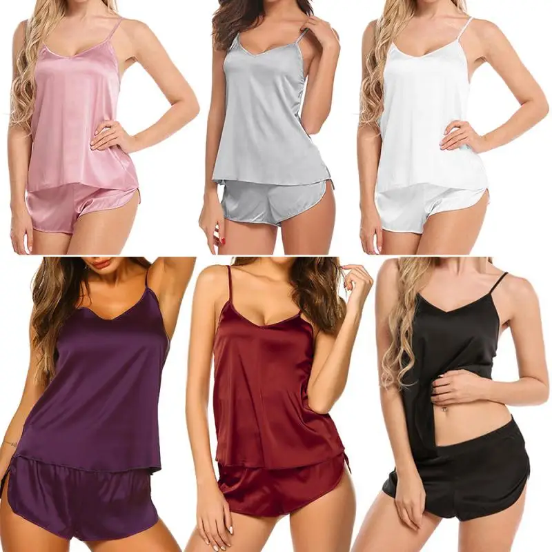 Женская пижама топ + шорты сексуальное нижнее белье из искусственного шелка