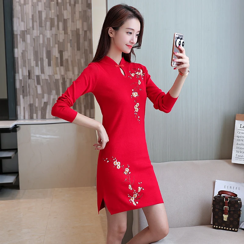 H-red Распродажа, Vestido Qipao, современный китайский стиль, улучшенное платье чонсам, длинное платье подружки невесты, Элегантное повседневное платье с рукавами для молодых девушек - Цвет: H-red