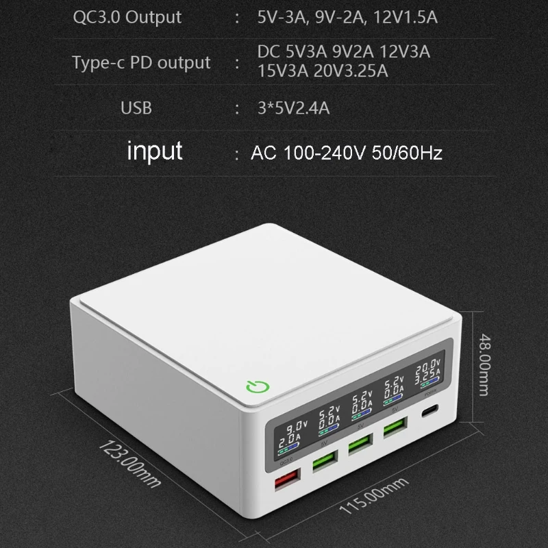 

USB C Type C PD 65W Fast Charge Adapter Digital Display 18W QC3.0 USB Hub Charger Station For Laptop Mobile Phone Tablet PC