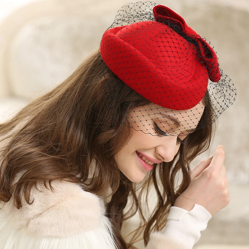 

Winter Charming Women Wool Hat Vintage Wool Felt Hats Mesh Floral Party Wedding Fedoras with Fascinating Floral LM005