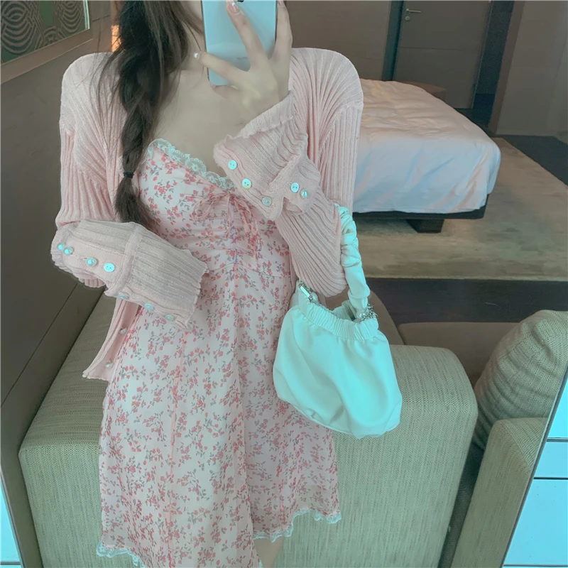 

COIGARSAM Sexy Knitting Women Mini dress Floral Print Spaghetti Strap Dresses Cardigan 8083