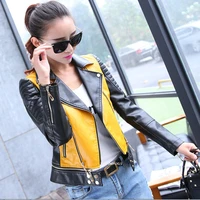 plus size women soft motorcycle short faux leather jacket women ladies autumn biker streetwear black spliced zippers coat py67