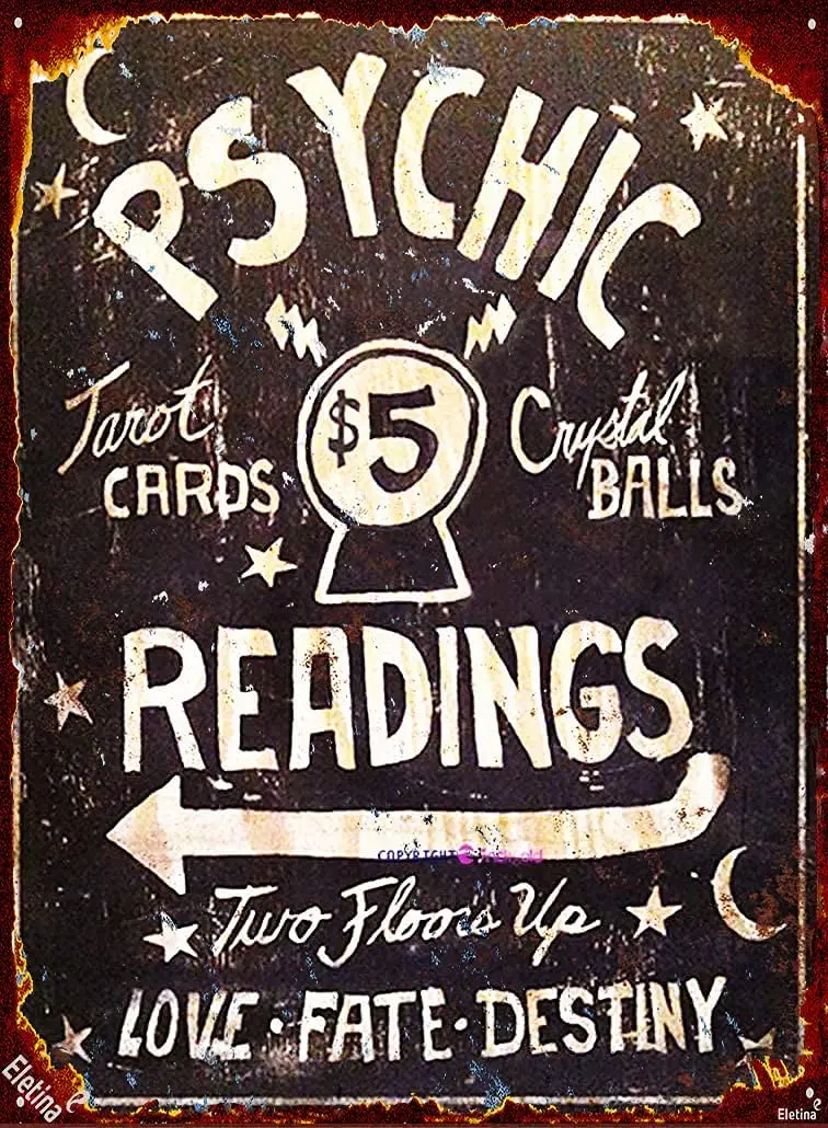 

Retro Metal Sign/Psychic Readings $5 Tarot Cards Crystal Balls Signs for Plaque Cave,Cafe,Club,Wall Art Metal Sign 12 X 8 inch