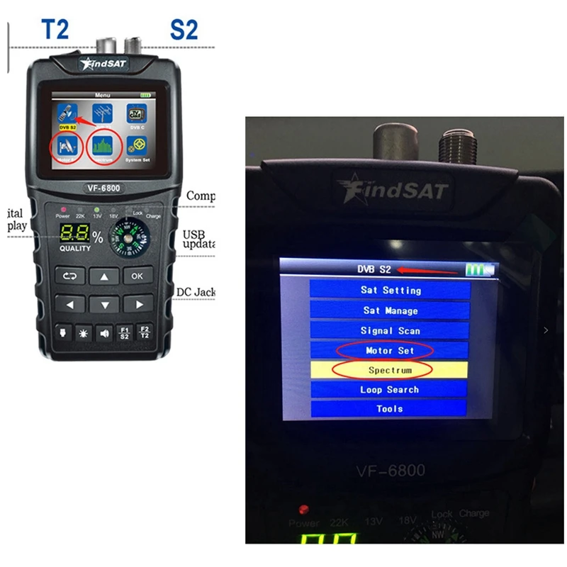 VF-6800 DVB-T2 DVB-S2 DVB-C спутниковый Finder СБ метр 2 4 дюймов ЖК-дисплей DVB-T DVB-S HD цифровой