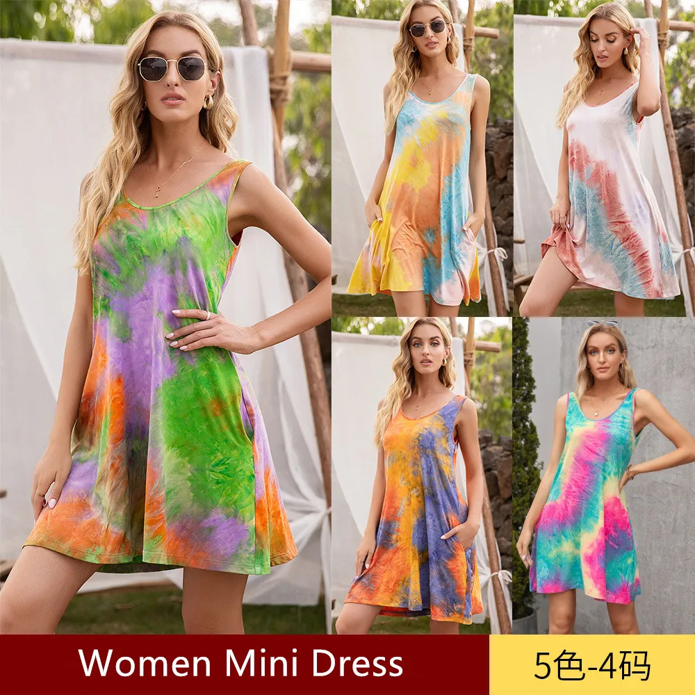 

2021 New Arrival Summer Sleeveless Tank Beach Dress Fashion Tie-dye Printed Mini Dress Women Casual Pockets Dress Lady Vestidos