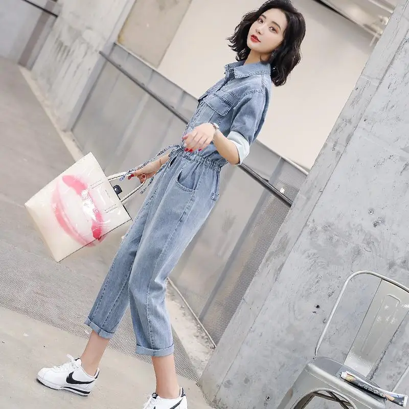 Весна 2020 женский джинсовый комбинезон с коротким рукавом повседневный