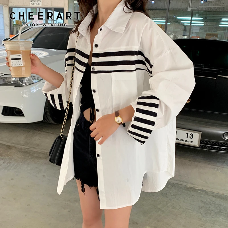 Женская блузка с длинным рукавом Cheerart белая высоким низом размера плюс на осень