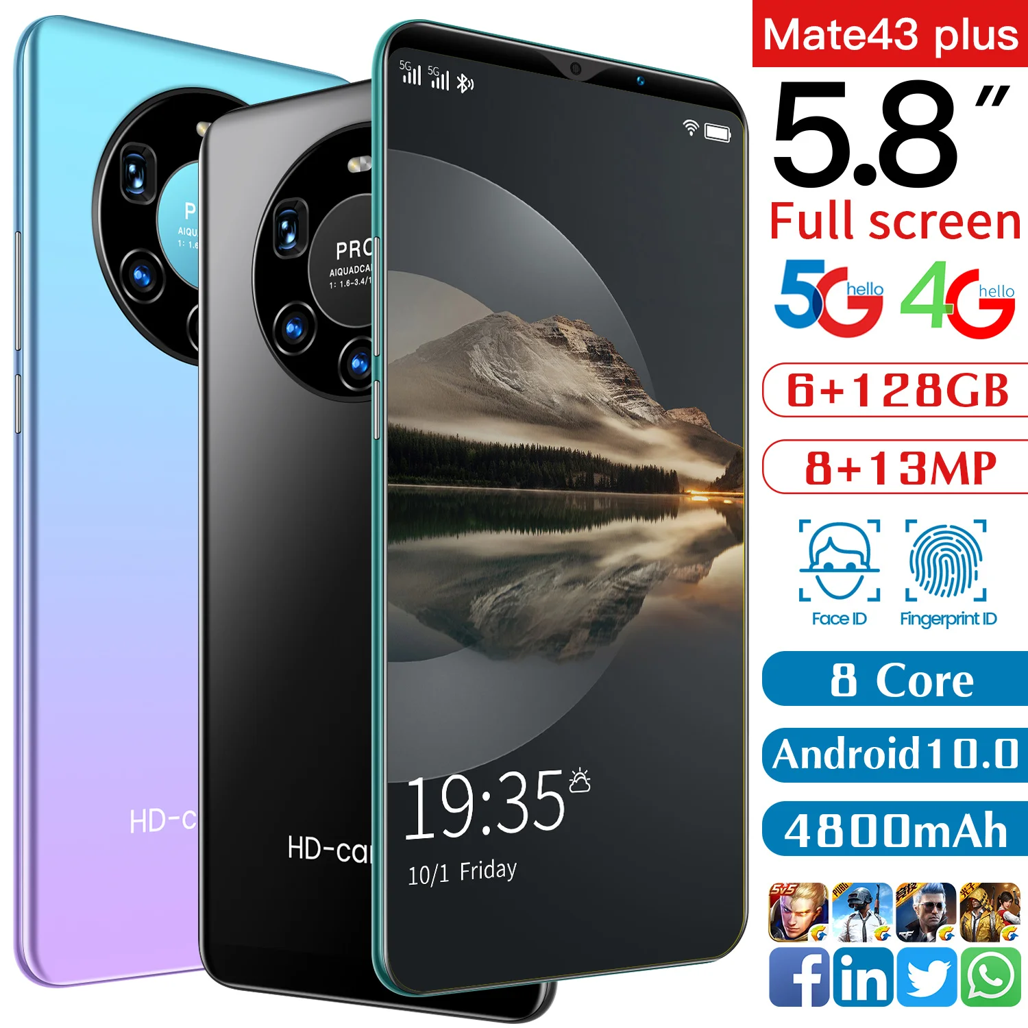 

Mate43 Plus Cellphones Smartphones 5.8inch 6 GB 128 GB 8MP+13MP 4800mAh Really Telephone MTK6763 5g Smartphone Android 10