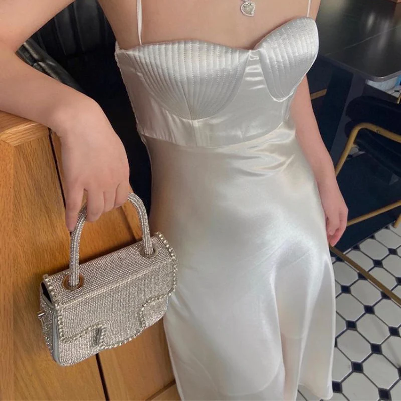 

Elegant Women Shell Tube Top Acetate Suspender Dress Silky Slim Sexy Long White Dress 2021 Spring Summer New Party Clothing