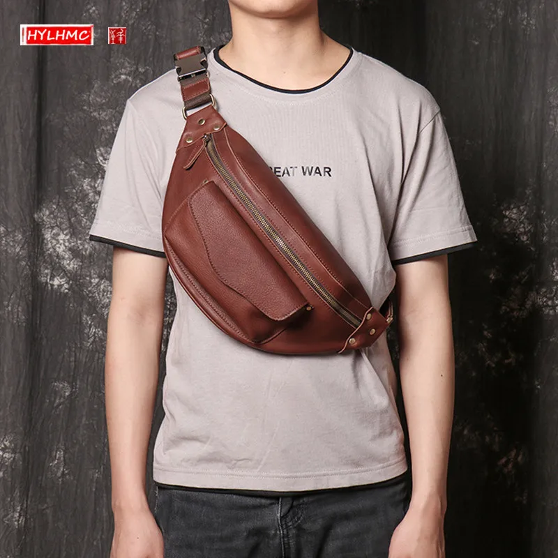 New Top Layer Cowhide Leather Men's Chest Bag Fashion Leather Waist Packs Bag Large Capacity Shoulder Bag Crossbody Phone Bag