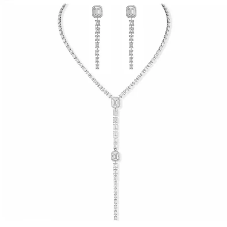 

S925 silver needle fashion new wedding jewelry set lengthened tassel zircon pendant necklace earrings set