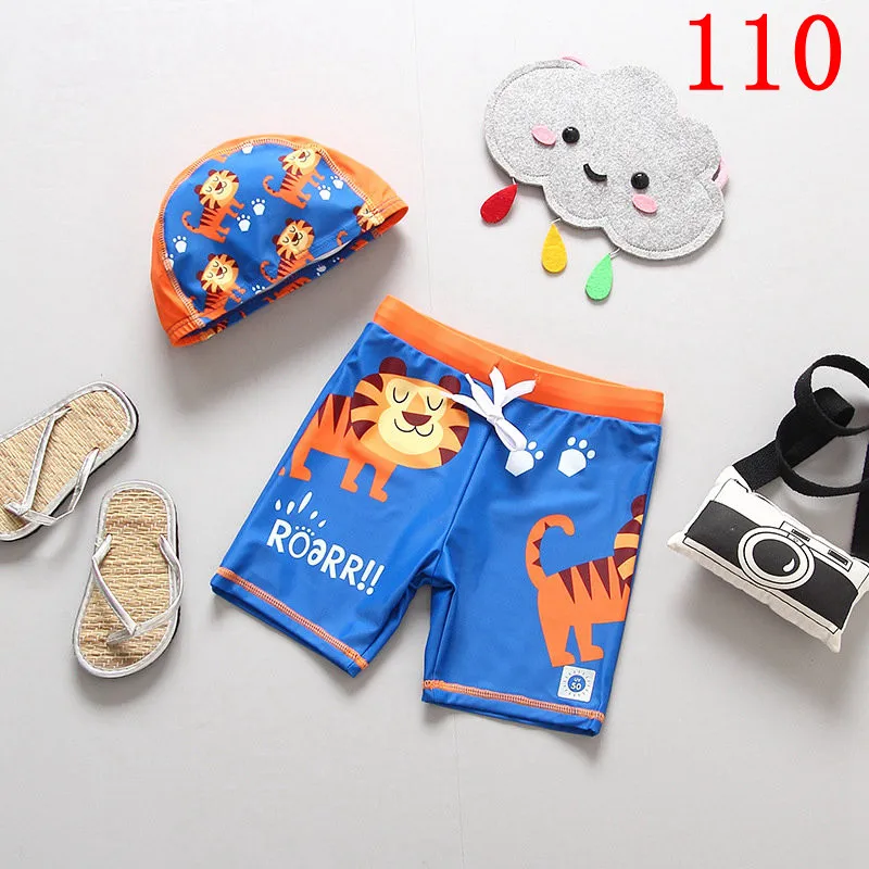 SIZE 110 Пляжные шорты для мальчиков с шапочкой, купальный костюм с динозавром из мультфильма Трусики для плавания детские плавки детская одежда для купания для маленьких мальчиков - Цвет: SIZE 110