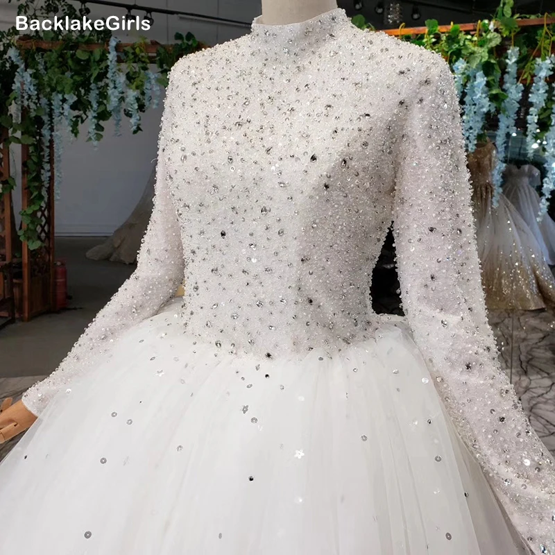 2020 Новое мусульманское свадебное платье с высоким воротом и длинными рукавами