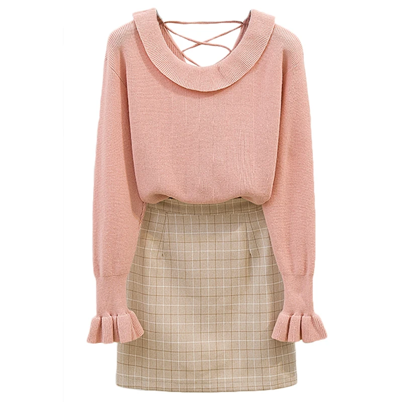 

Two Pcs Sets Wear Long-Sleeved Sweater Knit Skirt Of Tall Waist Plaid Skirts Women Outfit Knitwear Pullover Top Autumn Winter