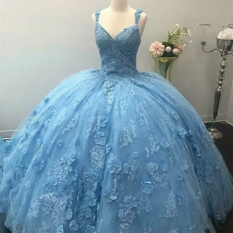 

2022 Princess Quinceanera Dresses for 16 Year Blue Appliques Ball Gown Puffy Lady Prom Dress Sexy V Neck Corset Gowns