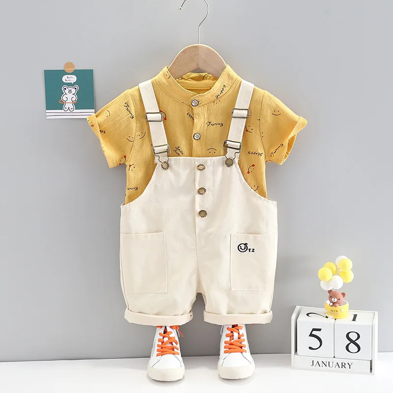 

Summer Infant Toddler Kids Casual Shirts Overalls Baby Boys Cartoon Single Breasted Shirt Suspender Pant