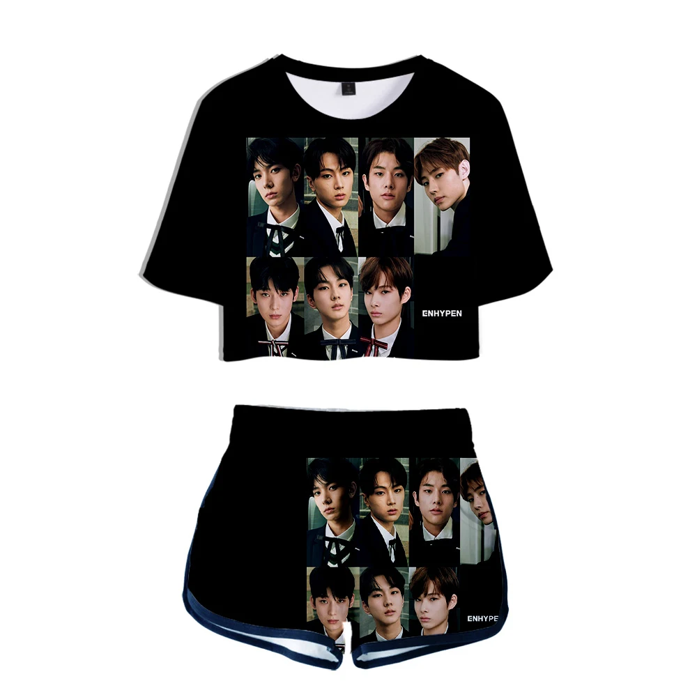 

Модный комплект из двух предметов с мультипликационным 3D принтом Enhypen, женские сексуальные шорты + Милая футболка, спортивные костюмы для де...