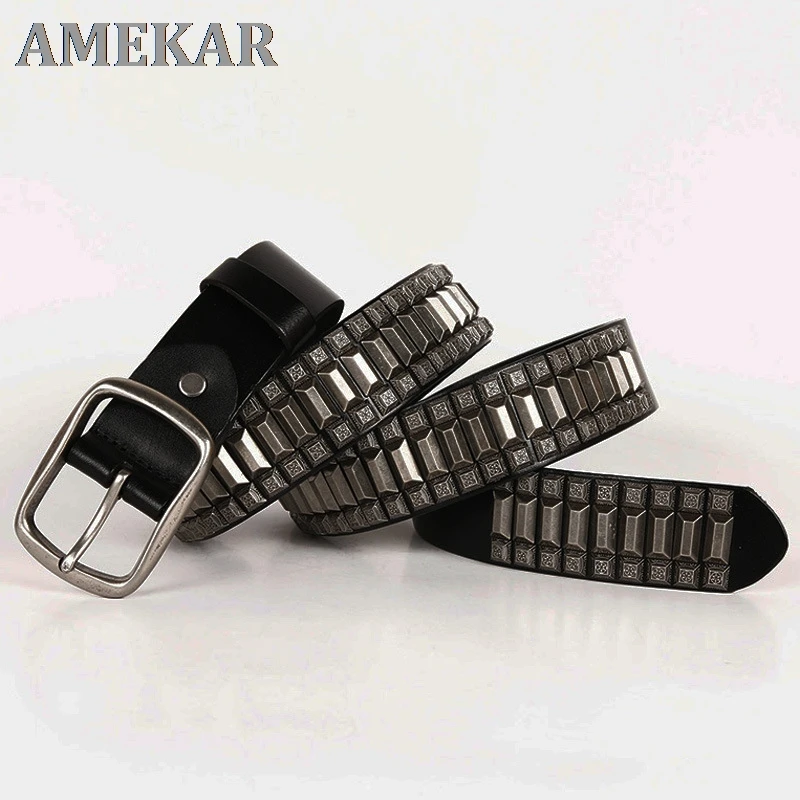 

New Cowboy Motorcycle Jeans Heavy Metal Rivet Belts For Men Genuine Leather Belt Punk Rock Male Strap Ceinture Homme
