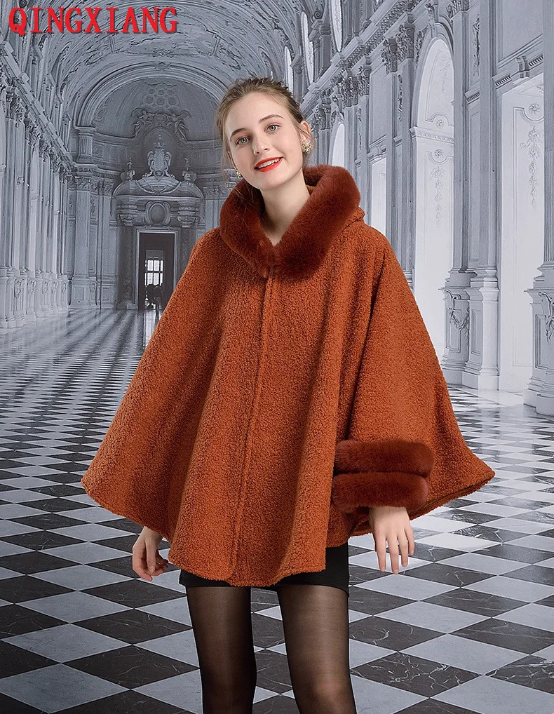 

2019 Long Sleeve Cardigan Thick Warm Cloak With Hat Women Winter Capes Faux Rabbit Fur Collar Knitted Open Stitch Poncho Coat