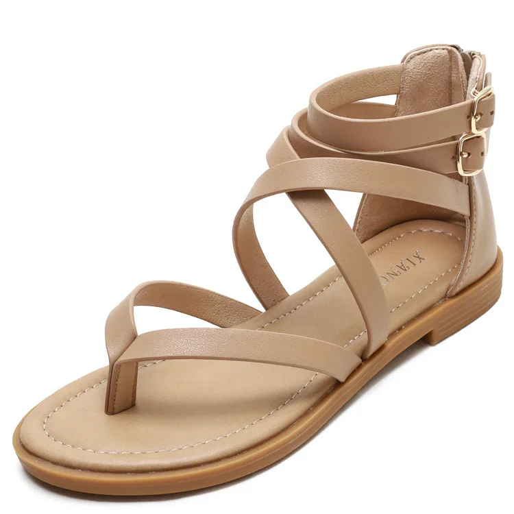 

2021 Sandals Retro Woman Shoes Clear Heels Large Size Ankle Strap All-Match Cross Suit Female Beige New Original Comfort Summer