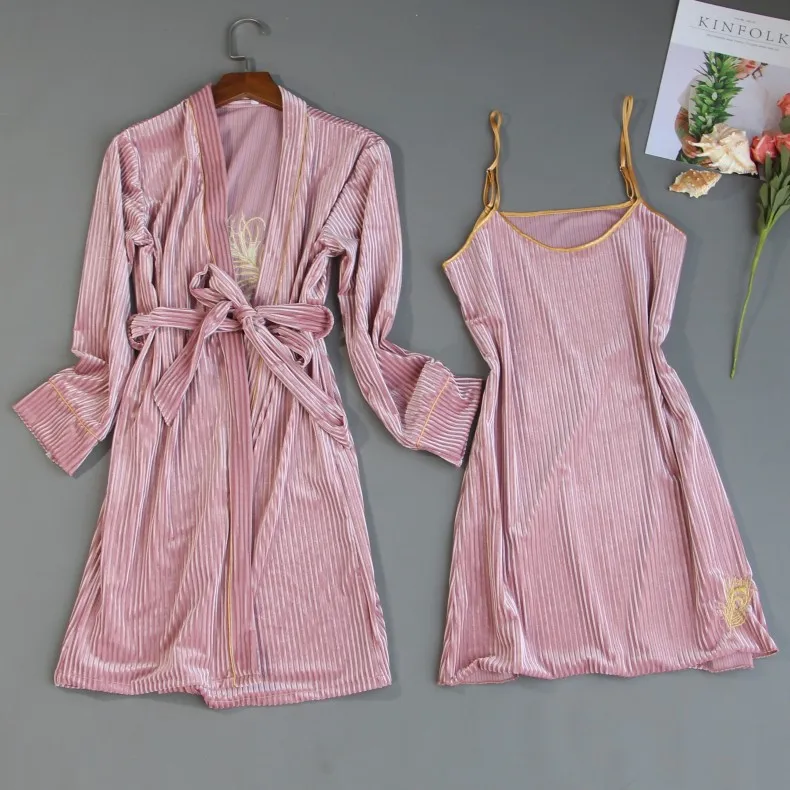 Бархатный женский пижамный комплект из 4 предметов кимоно с вышивкой рубашка