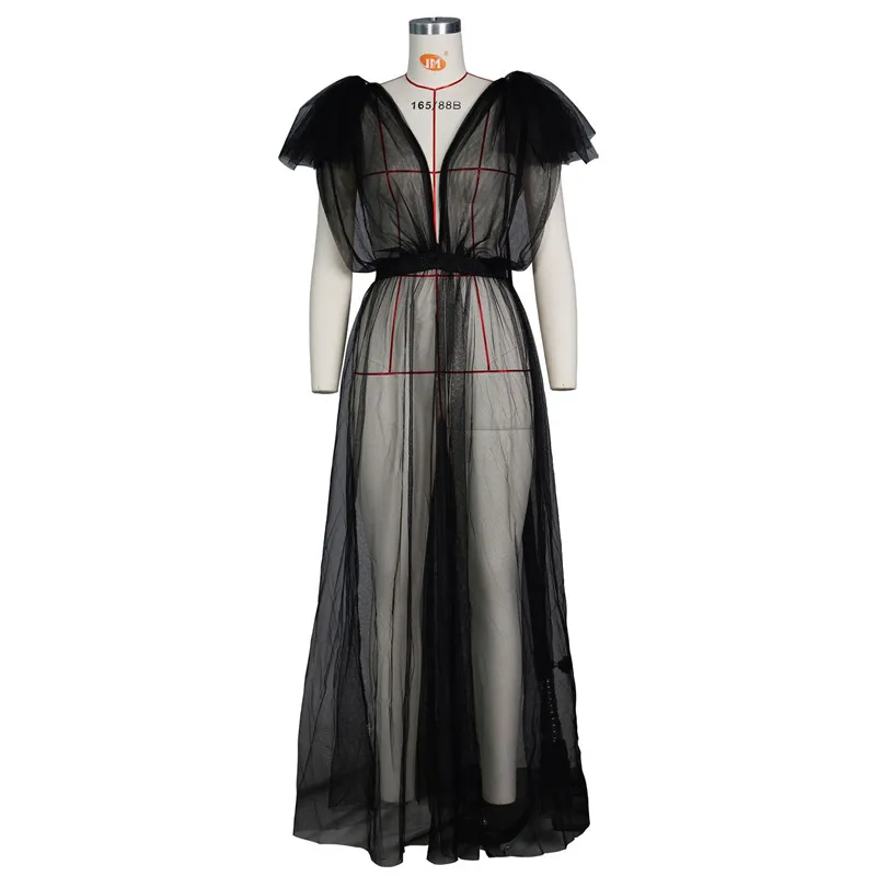 

2021 fashion Sexy Mesh See-through Women Sexy Dress V neck Mesh sleeveless floor dress Beach Nightclub Party dress Vestido