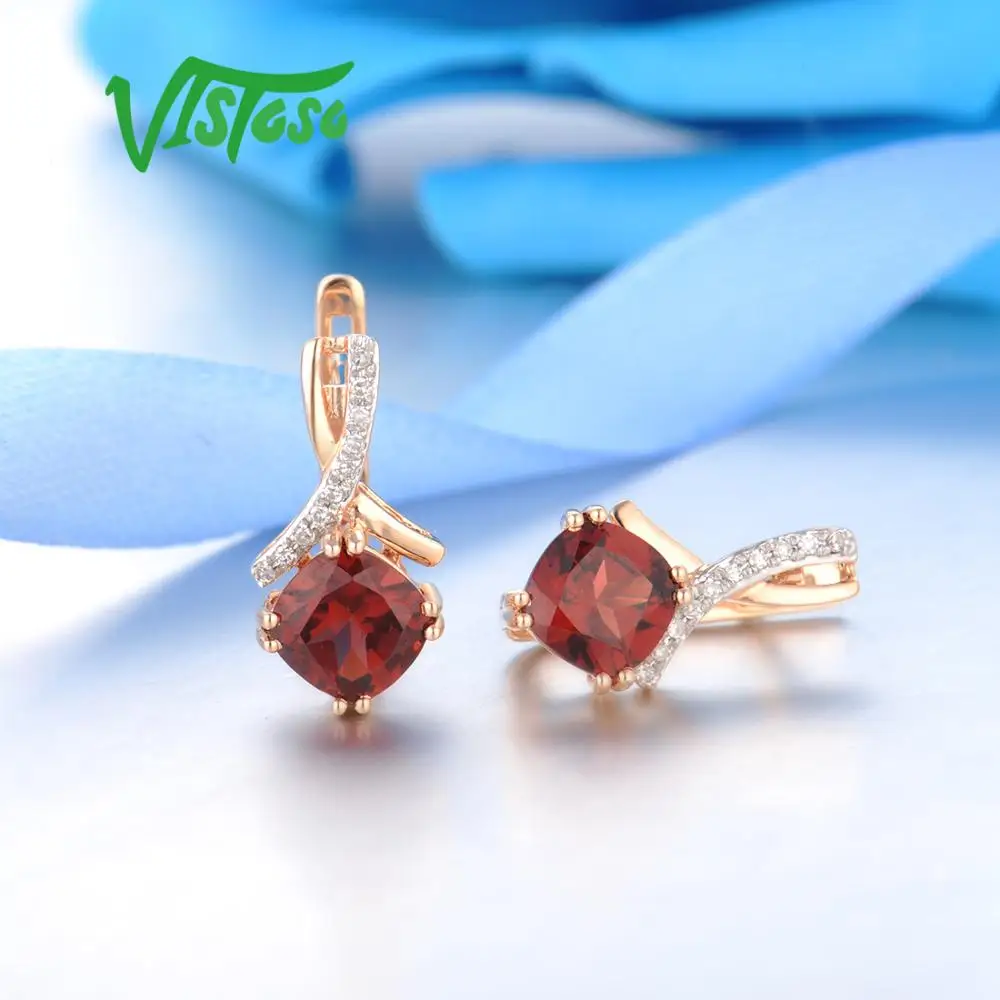 VISTOSO золотые серьги для женщин подлинные 14K 585 розовое золото Сияющий гранат сверкающие алмазные серьги обручальные свадебные украшения
