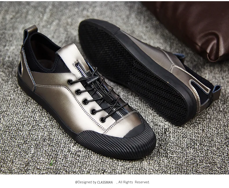 New Men's Leather Casual Shoes Men's British Style Designer Shoes Elastic Band Moccasins Men Loafers Sneakers Black Silver