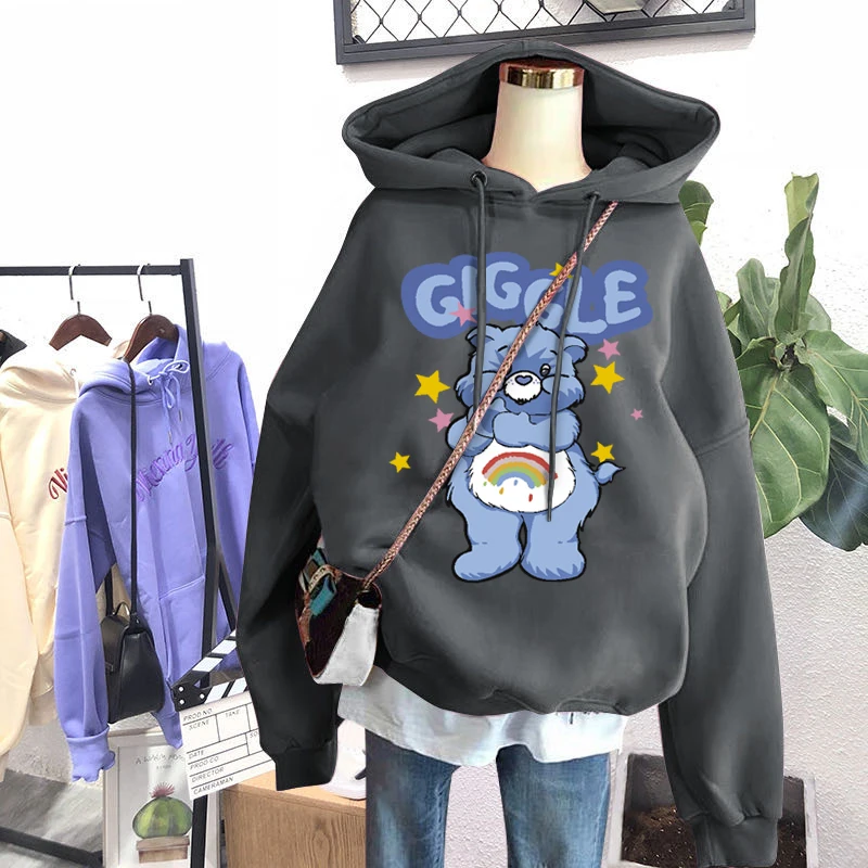 

Winter Fashion Plus Fleece Women Hoody Sweatshirt Print Letter Blue Rainbow Five-pointed Star Bear Pea Green Pullover Female