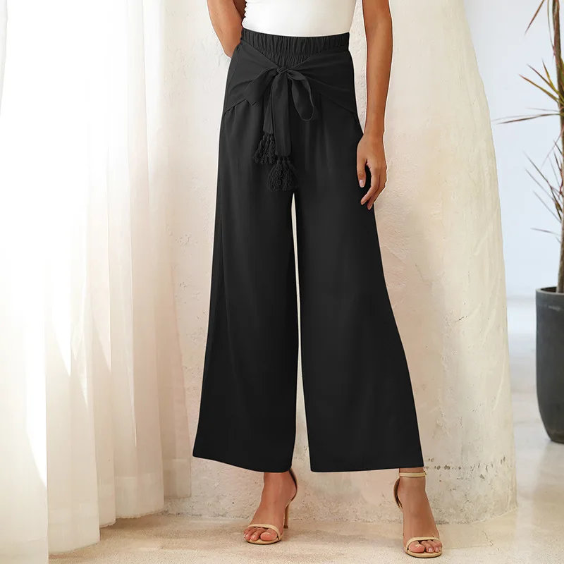 

2021 Summer Cross Border Popular European and American Women's High Waist Bandage Solid Color Wide Leg Pants 1660