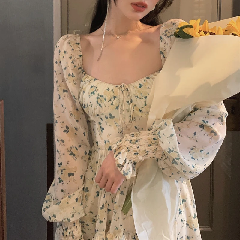 

2021 Summer Sweet Floral Dress Women Mini Elegant Mini Dress Bandage Beach One Piece Dress Korea Vintage Office Lady Long Sleeve