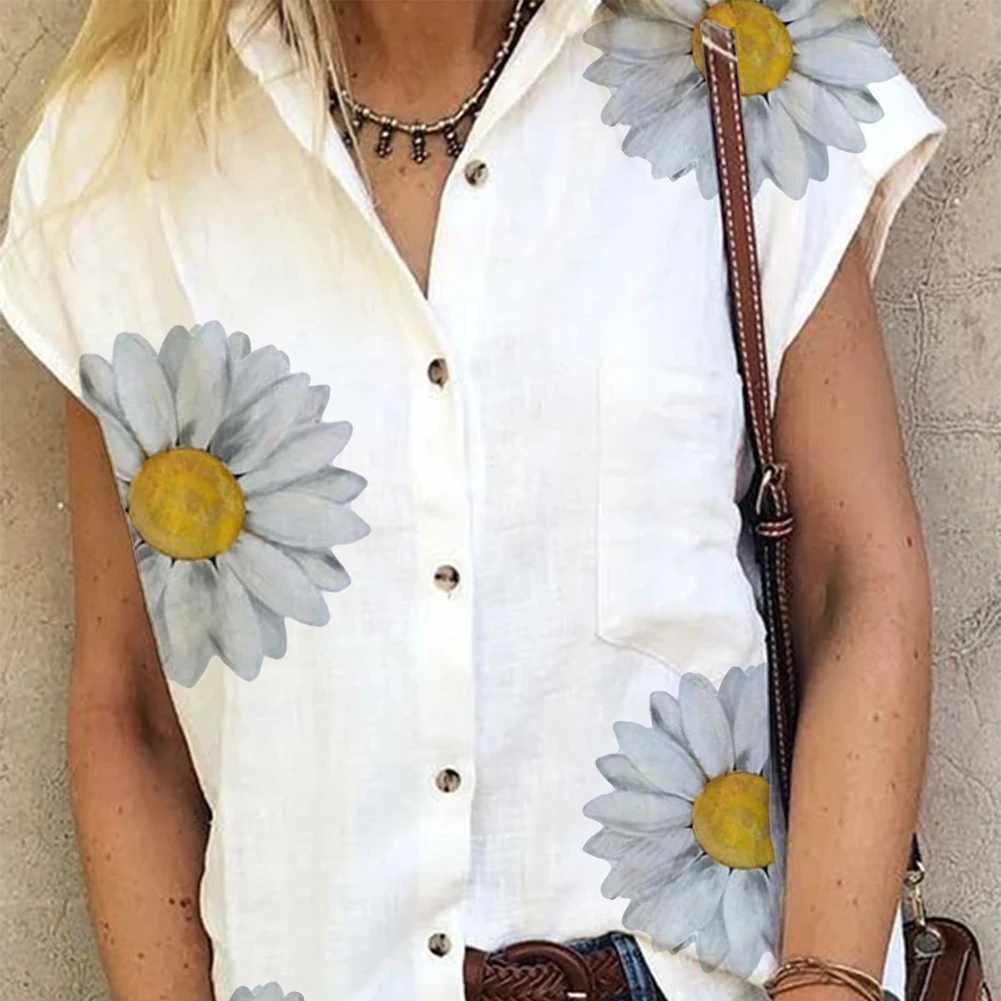 Женская рубашка для отдыха с принтом хризантем без рукавов на пуговицах