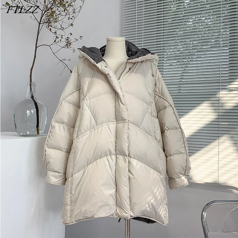 

FTLZZ Winter Oversize Hooded Light Feather Medium Long Jacket Women 90% White Duck Down Coat Splicing Fluffy Warm Outwear Female