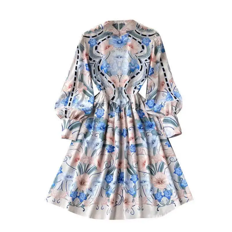 

2021 Women Stand Lantern Sleeve Zipper Flower Printed Knee Ladies Party Sweet Vestidos Fashion Runway Autumn Dress 2056