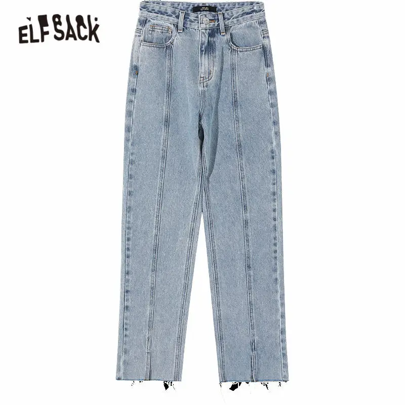 

ELFSACK Blue Solid Minimalist Washed Casual Women Denim Jeans 2020 Summer ELF Pure Raw Irregular Hem Korean Ladies Daily Trouser
