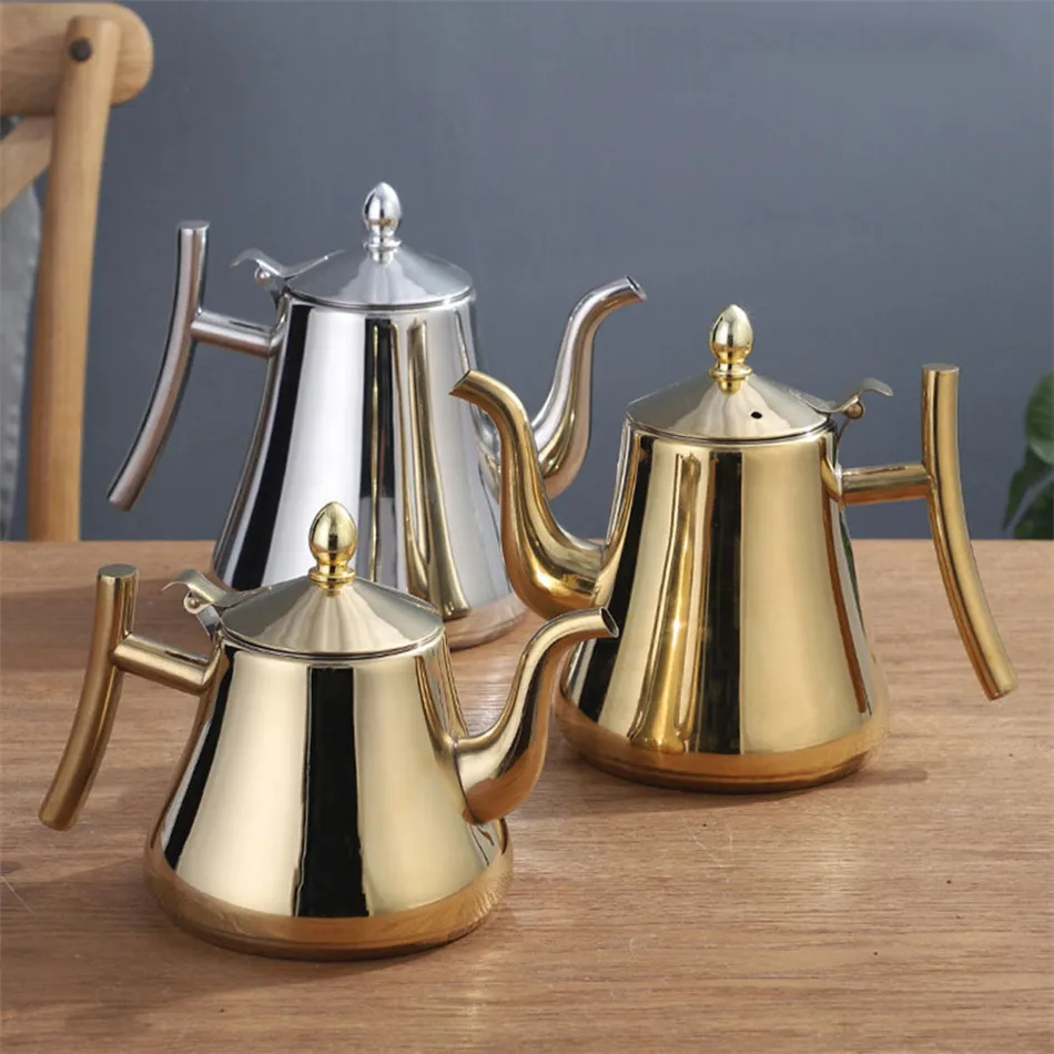 

1000/1500ml Thick Stainless Steel Teapot Golden Silver Tea pot with Infuser Coffee Pot Induction Cooker Tea Kettle Water Kettle