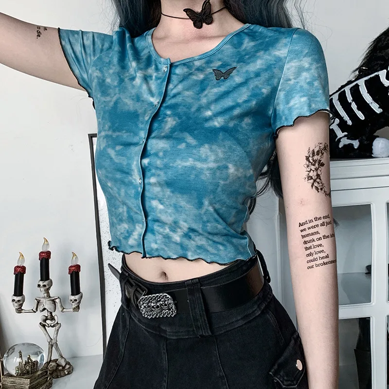 Женская футболка на пуговицах с вышивкой в виде бабочки|Футболки| |