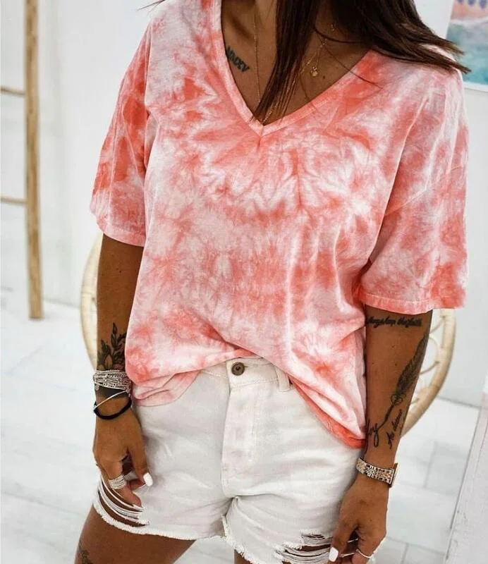 

Женская футболка с принтом тай-дай, новая летняя повседневная свободная футболка с V-образным вырезом и коротким рукавом, 2021