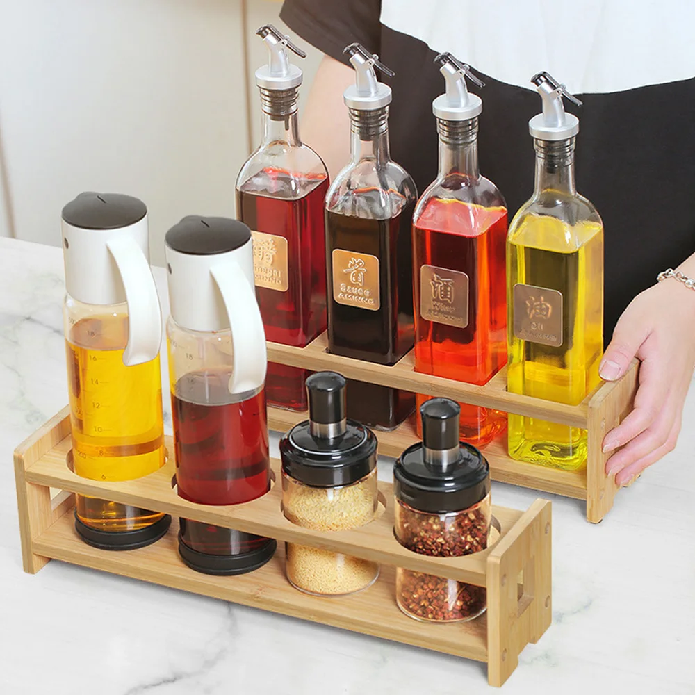 

Oil Vinegar Condiment Bottle Holder Wooden Liquor Dispenser Storage Rack with Wrench Non-slip Pads Screw Kitchen Accessory
