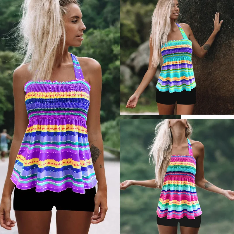 

New Sexy Two Pieces Slingdress tankini set Swimwear 2XL Women Swimsuit Push Up Bandage Rainbow Striped Print Beach Bathing Suit
