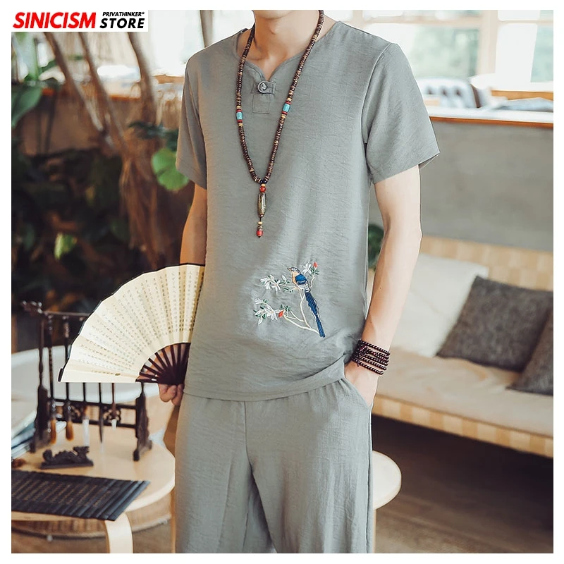 Sinicism Store мужской летний спортивный костюм с вышивкой 2020 мужские льняные шорты